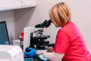 Kobieta ubrana w czerwony fartuch patrzy przez mikroskop w laboratorium szpitalnym